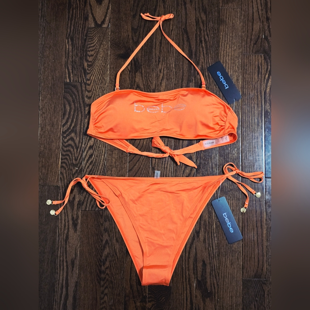BEBE 2-Piece Rhinestone Triangle Orange Coral Bandeau Bikini Set Swimsuit XL